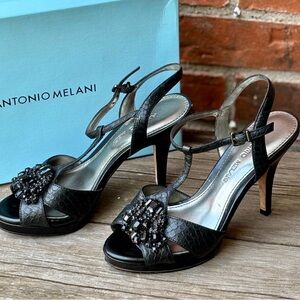 Antonio Melani Black Leather Embellished Beaded Heels Open Toe Sz 6.5M